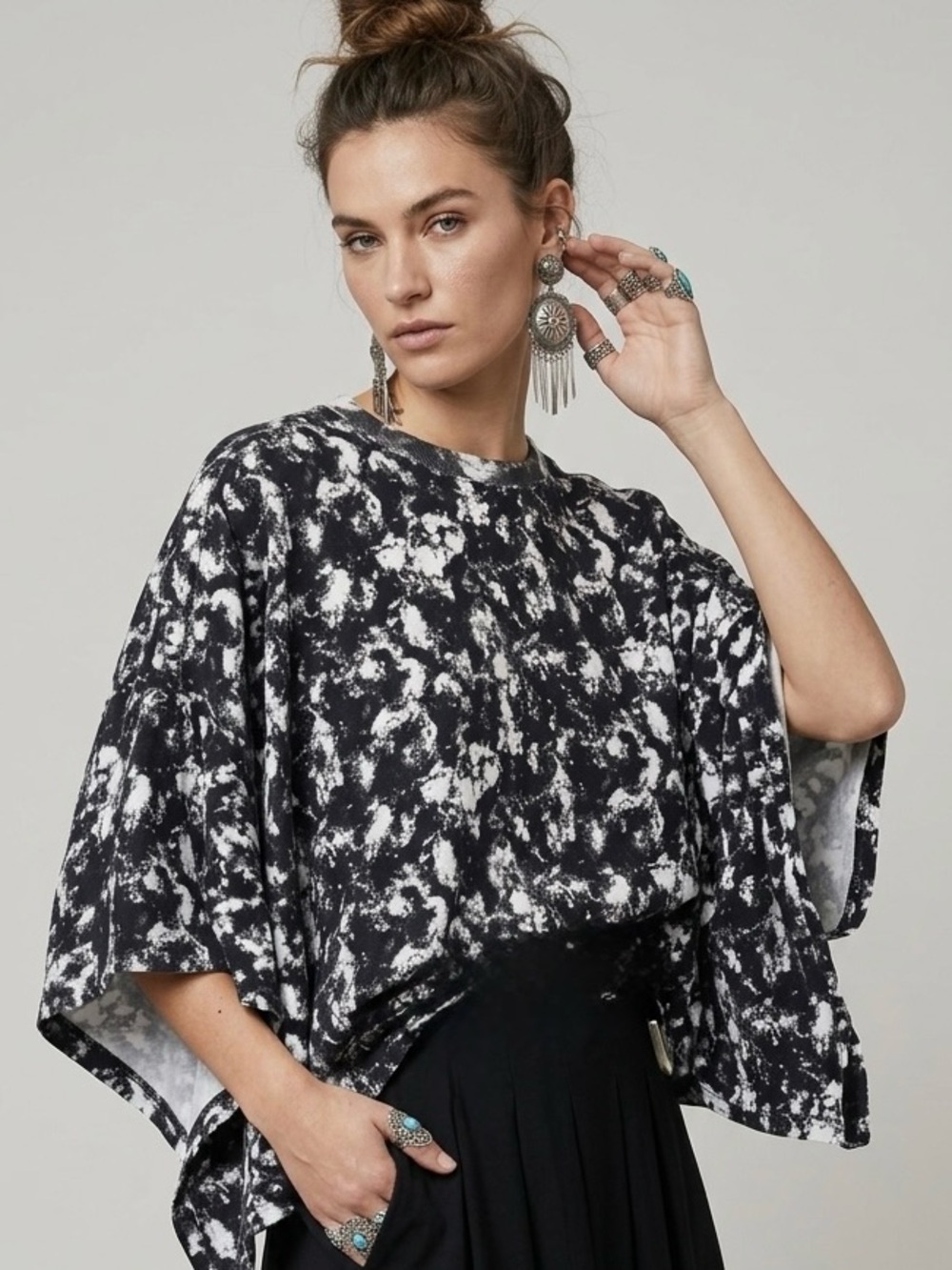 Toga Pulla Black White Cotton Bat Wing Sleeve Crewneck Top Size EU 36